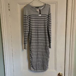 Elegant Long Sleeve Maternity Striped Dress in Gray and Black
